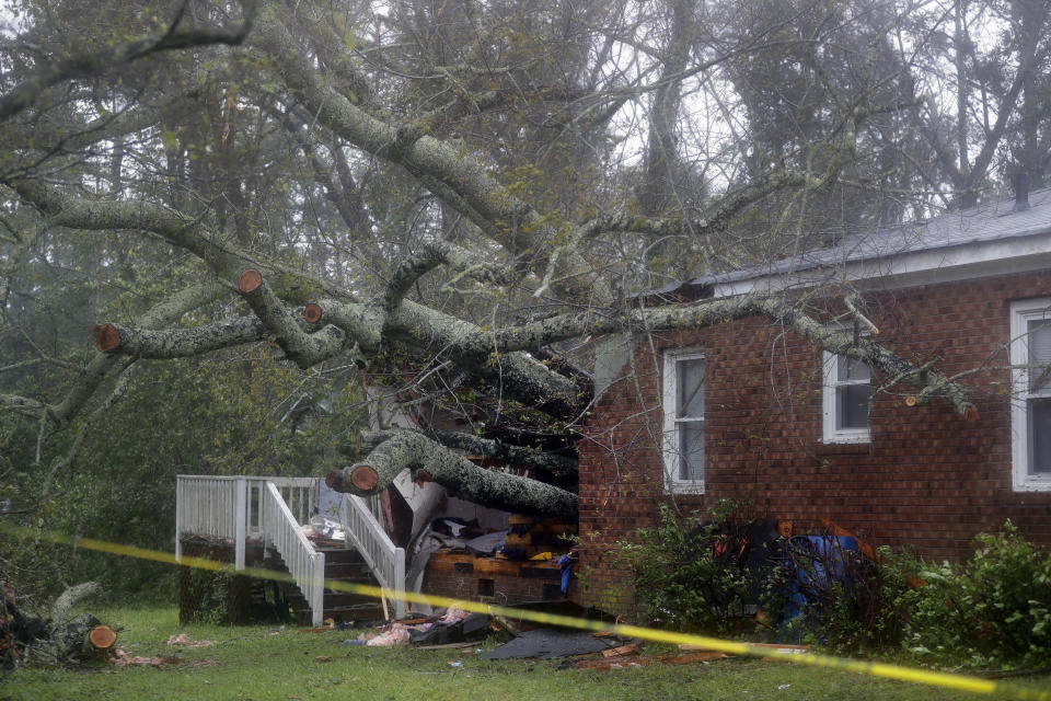A fallen tree is shown after it crashed through the home where a woman and her baby were killed in Wilmington, North Carolina on Friday.