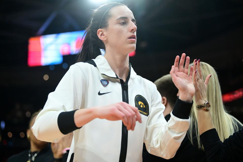 Iowa Hawkeyes guard Caitlin Clark (22) practices before the game against the South Carolina Gamecocks in the finals of the Final Four of the womens 2024 NCAA Tournament at Rocket Mortgage FieldHouse.