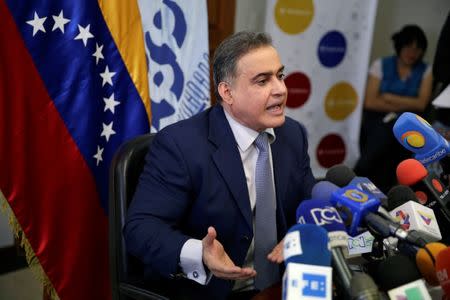 Venezuela's state ombudsman Tarek William Saab talks to the media during a news conference in Caracas, Venezuela April 3, 2017. REUTERS/Marco Bello