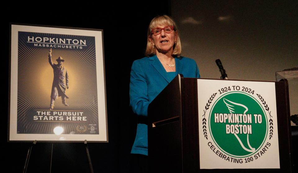 State Senate President Karen Spilka presented a resolution to the town of Hopkinton for its role in having the Boston Marathon's starting line in town. Spilka presented the resolution on Thursday during a reception at the Hopkinton Center for the Arts.