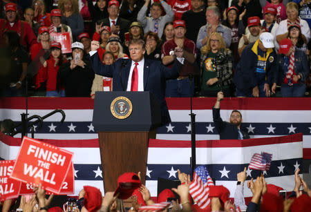 U.S. President Donald Trump reacts during a campaign rally at El Paso County Coliseum in El Paso, Texas, U.S., February 11, 2019. REUTERS/Leah Millis