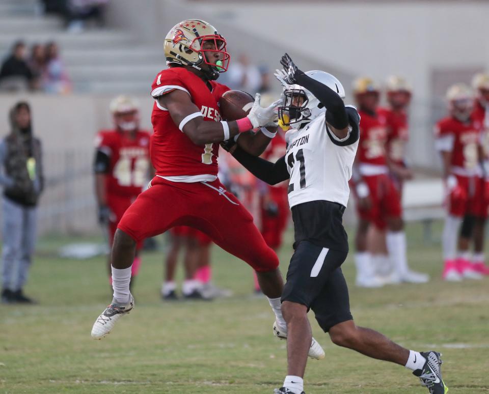 College of the Desert wide receiver Kevin Johnson makes a first down catch against Compton in Palm Desert, Calif., Oct 22, 2022.
(Photo: Jay Calderon/The Desert Sun)