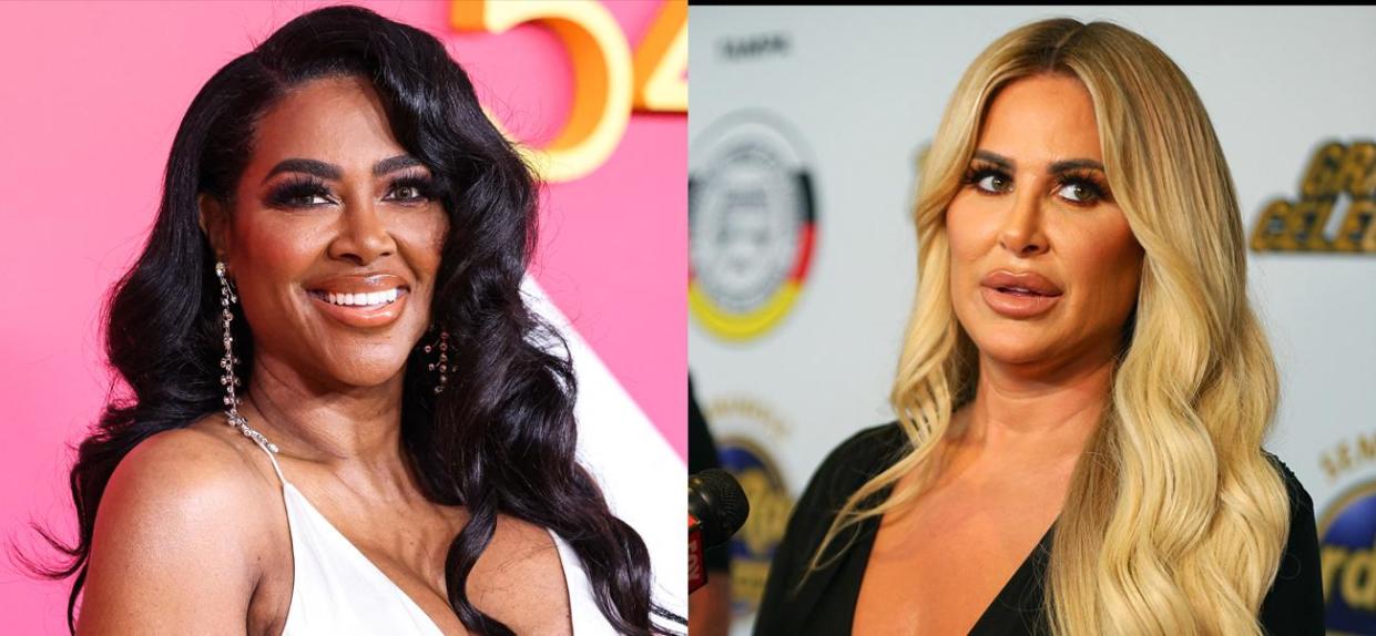 A closeup collage of 'RHOA' stars Kenya Moore and Kim Zolciak