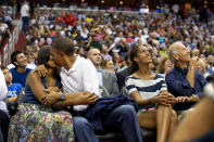 <p>Caught on the Kiss Cam at the Verizon Center in Washington, D.C. during a basketball game in 2012, the US President and the First Lady first refused to kiss - prompting huge boos from the audience. But when the camera came round a second time, the couple kissed so madly that the NBC’s Al Roker joke, “Mr. President, get a stadium!” <i>[Photo: Getty]</i></p>