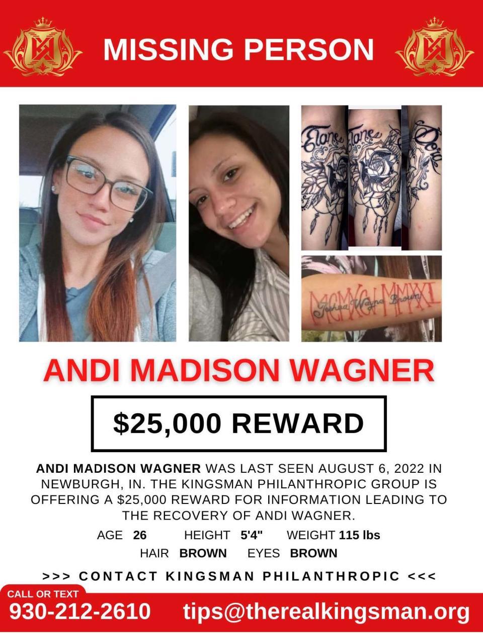 A missing person flyer prepared and distributed by Kingsman Philanthropic Corp. displays photographs of Andi Wagner and highlights a newly offered $25,000 reward for information.