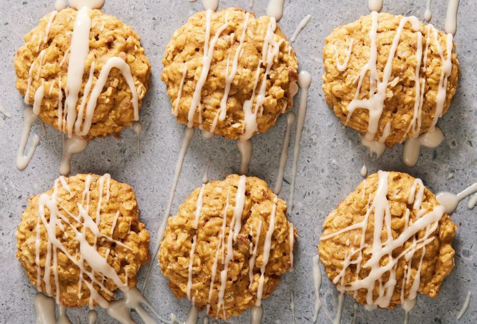 <p>Pumpkin oatmeal cookies combine the best of <a href="https://www.delish.com/cooking/recipe-ideas/recipes/a50606/oatmeal-cookies-recipe/" rel="nofollow noopener" target="_blank" data-ylk="slk:oatmeal cookies;elm:context_link;itc:0;sec:content-canvas" class="link ">oatmeal cookies</a> with <a href="https://www.delish.com/cooking/g1770/best-pumpkin-recipes/" rel="nofollow noopener" target="_blank" data-ylk="slk:pumpkin;elm:context_link;itc:0;sec:content-canvas" class="link ">pumpkin</a>'s delicious seasonality. Soft and chewy with a maple glaze that adds an autumnal flair, these pumpkin oatmeal cookies are just the thing to fill up your cookie jar this fall. <br><br>Get the <strong><a href="https://www.delish.com/cooking/recipe-ideas/a40742607/pumpkin-oatmeal-cookies-recipe/" rel="nofollow noopener" target="_blank" data-ylk="slk:Pumpkin Oatmeal Cookies recipe;elm:context_link;itc:0;sec:content-canvas" class="link ">Pumpkin Oatmeal Cookies recipe</a></strong>. </p>