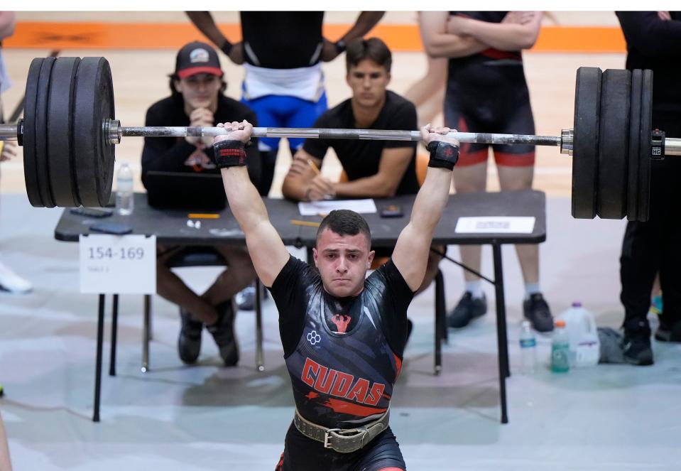 New Smyrna Beach's Ryan Geary competes in the district weightlifting meet at University High School in Orange City, Wednesday, March 27, 2024.