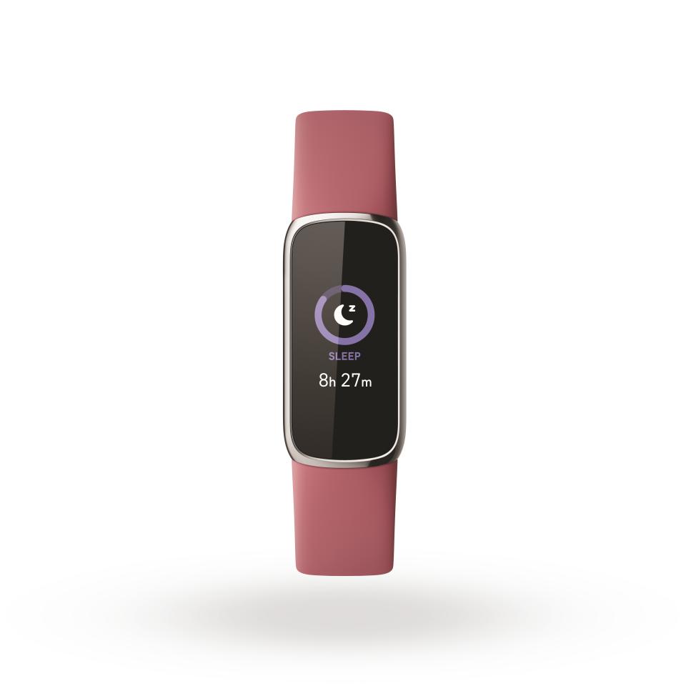 <p>Product render of Fitbit Luxe, front view, in Orchid and Platinum.</p>
