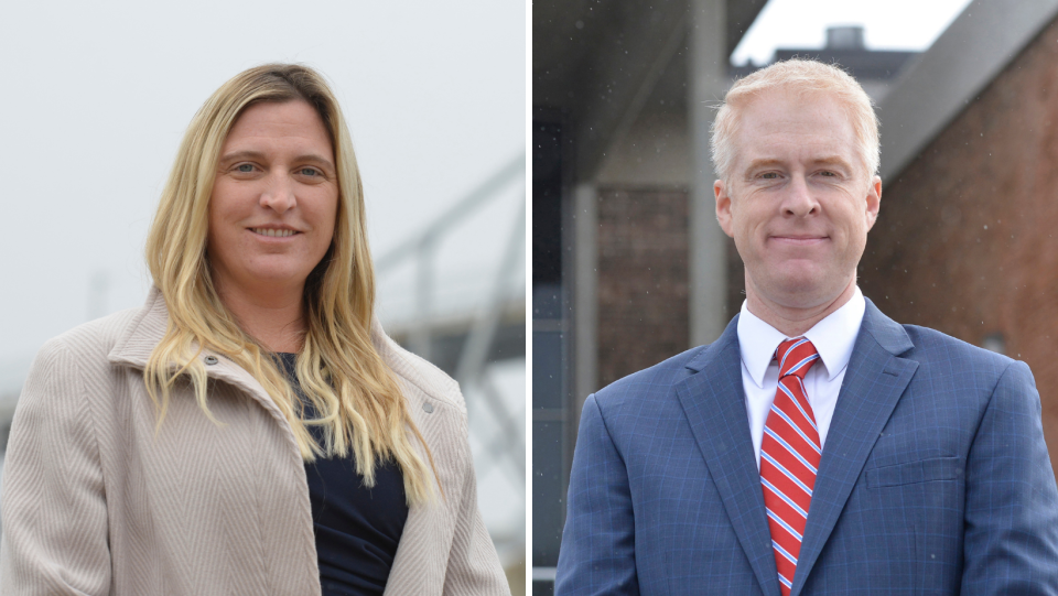 Melissa Alden, left and Daniel Higgins, two of three Republican candidates for district attorney for Cape Cod and the Islands, took part Tuesday in a debate hosted by the Cape Cod Republican Club.  John "Jack" Carey, the third candidate, was unable to take part due to illness. The winner of the September primary will face Democrat Robert Galibois.