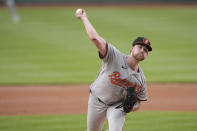 Baltimore Orioles pitcher Kyle Bradish throws to a Washington Nationals batter during the first inning of a baseball game at Nationals Park in Washington, Wednesday, May 8, 2024. (AP Photo/Susan Walsh)
