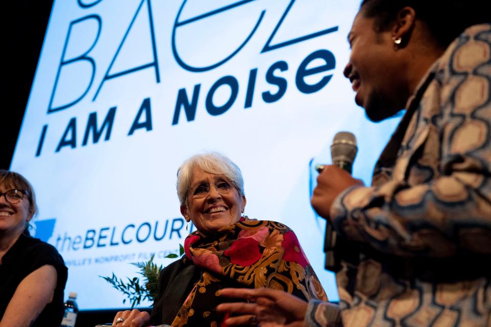 Joan Baez and Rep. Justin Jones D-Nashville, speak following the debut of her new documentary “I Am a Noise” at Belcourt Theater in Nashville , Tenn., Saturday, Oct. 21, 2023.