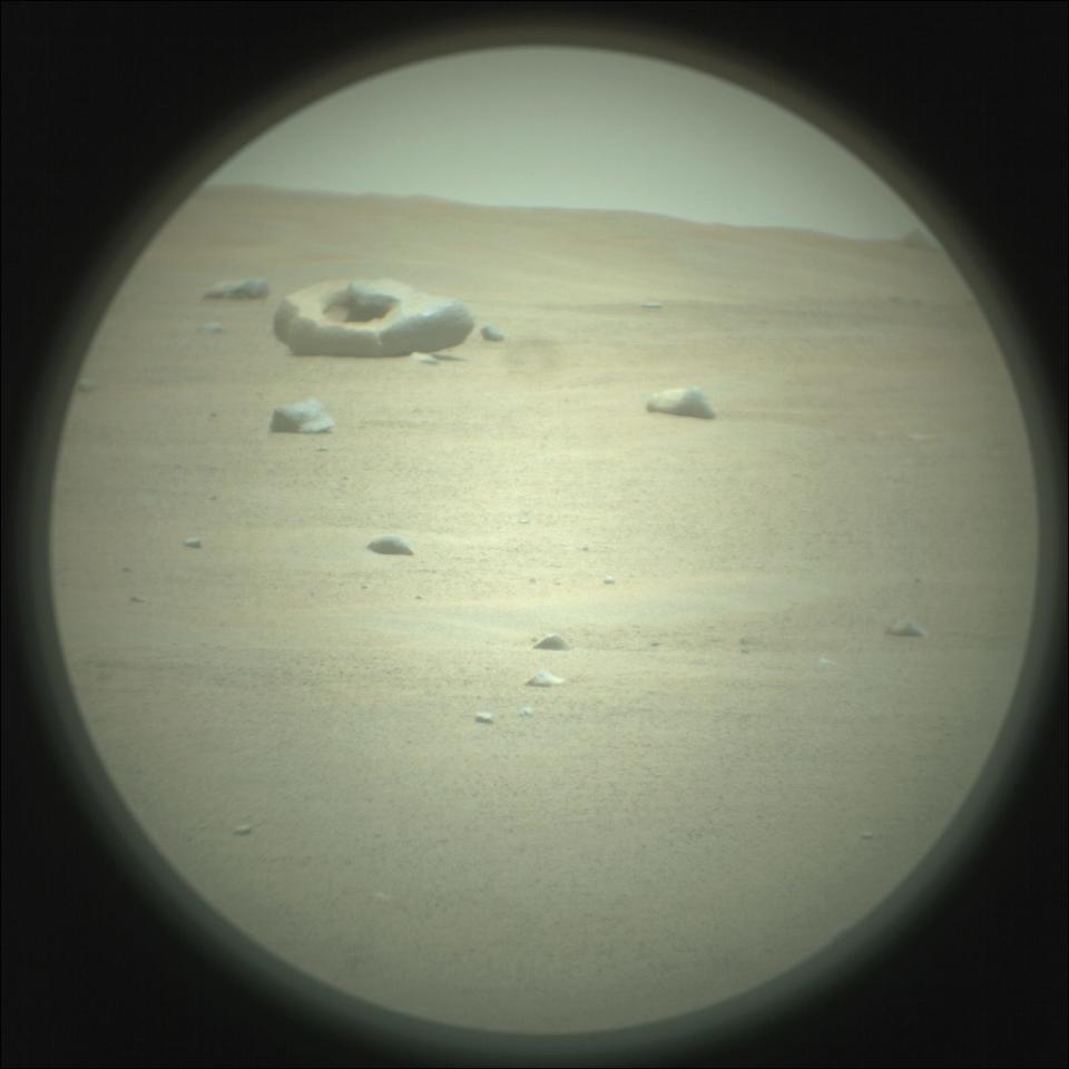 A Donut-shaped rock formation is seen in an image from NASA's Mars Perseverance rover acquired using the SuperCam Remote Micro-Imager, located at the top of the rover's mast on June 23, 2023 (Sol 832) at the local mean solar time of 11:16:31.