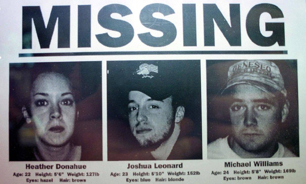 <span>A missing persons poster with The Blair Witch Project stars Heather Donahue (now Rei Hance), Joshua Leonard and Michael Williams. The actors are asking Lionsgate to pay them retroactive residuals for their work in the film.</span><span>Photograph: William Thomas Cain/Getty Images</span>