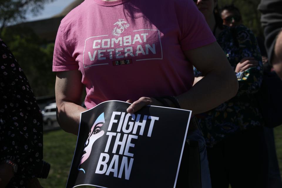 Demonstrators protest the transgender military service ban in Washington on April 10, 2019.