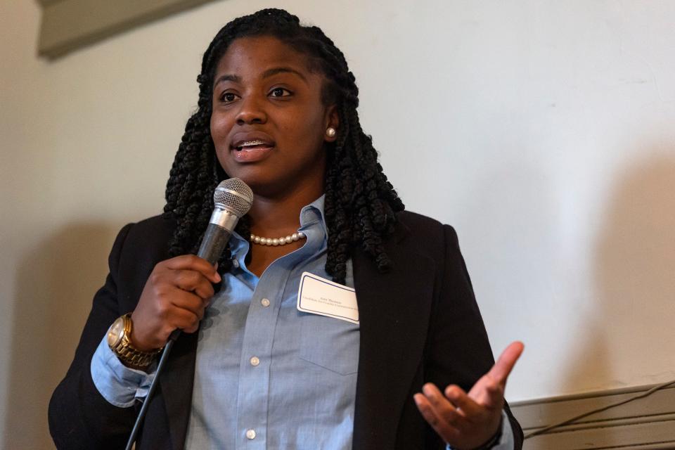 FILE - Asia Thomas answers questions during a forum hosted by Historic Athens on Monday, April 11, 2022 in Athens.