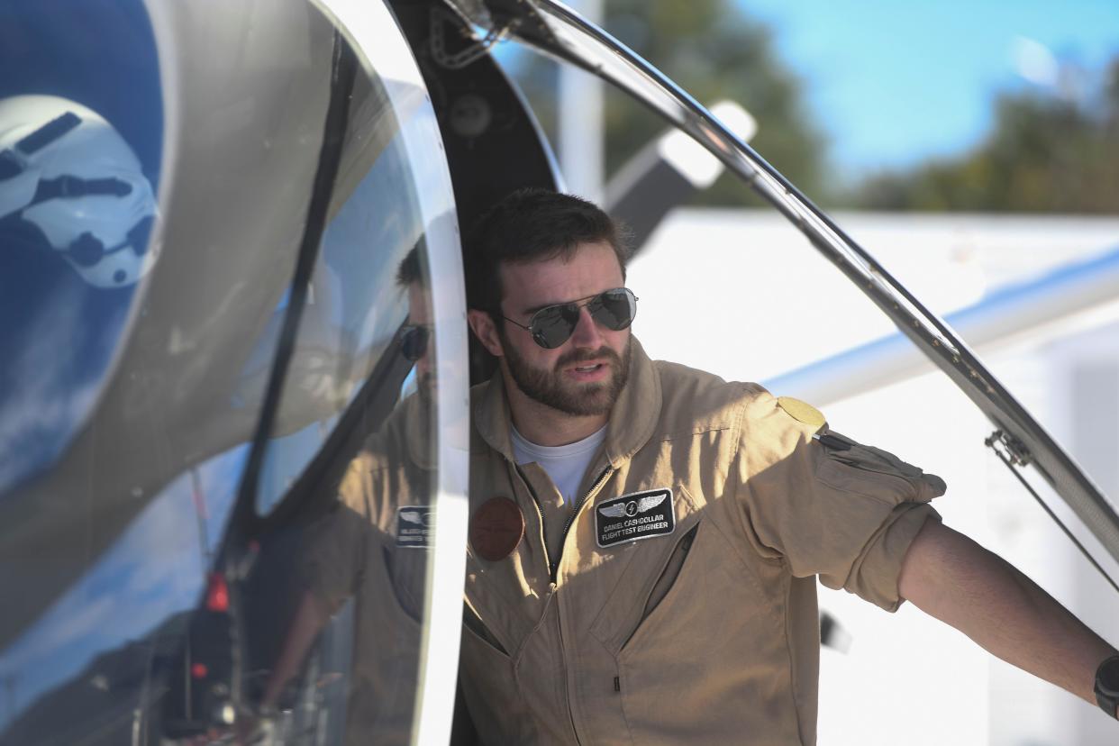 Flight Test Engineer Daniel Cashdollar gets ready to fly before BETA Technologies flight demonstration of the ALIA electric aircraft at Augusta Regional Airport on Tuesday, Oct. 24, 2023. ALIA is on a 1,500 miles flight, with a final destination of Florida.