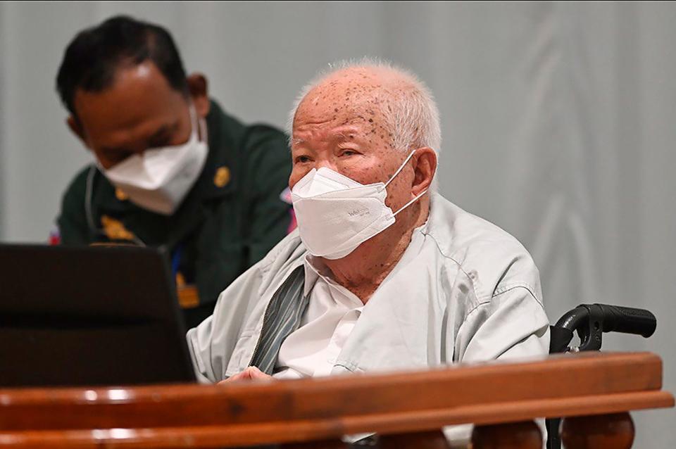 In this photo released by the Extraordinary Chambers in the Courts of Cambodia, Khieu Samphan, the former head of state for the Khmer Rouge, sits in a courtroom on Thursday during a hearing at the U.N.-backed war crimes tribunal in Phnom Penh, Cambodia.