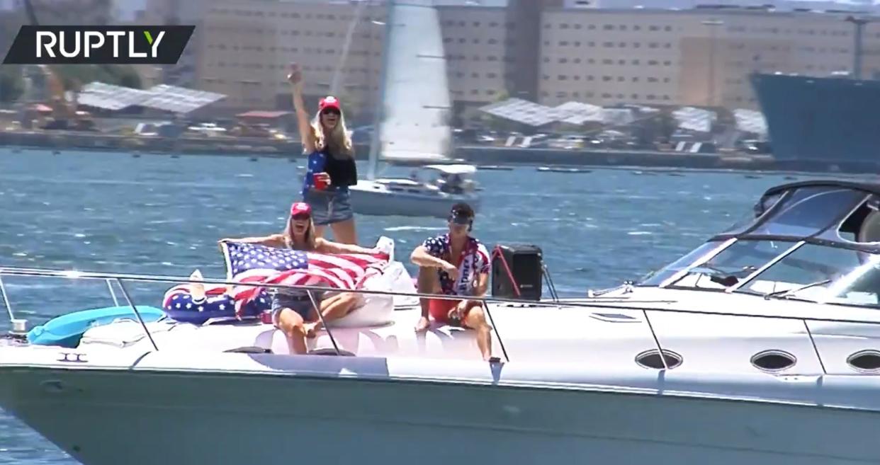Supporters of former President Donald Trump celebrating his 75th birthday during a ‘Trumparilla MAGA Fest’ boat parade in San Diego on 13 June 2021 (Screengrab/Ruptly)