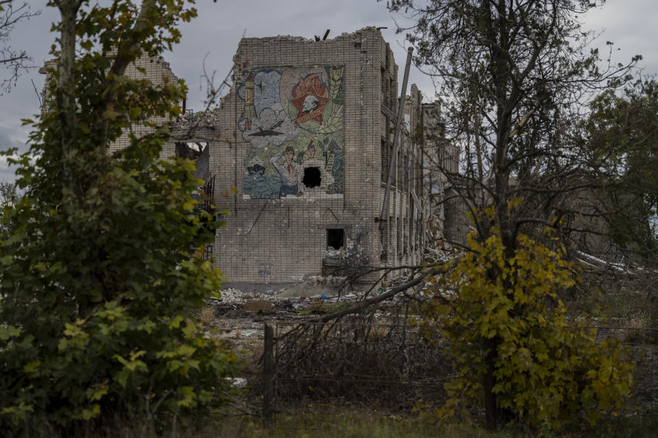 A destroyed school on the outskirts of a recently liberated village outskirts of Kherson, in southern Ukraine, Wednesday, Nov. 16, 2022. The Russian withdrawal from the only provincial capital it gained in nine months of war was one of Moscow most significant battlefield losses. Now that its troops hold a new front line, the Ukrainian military said through a spokesman, the army is planning its next move. (AP Photo/Bernat Armangue)