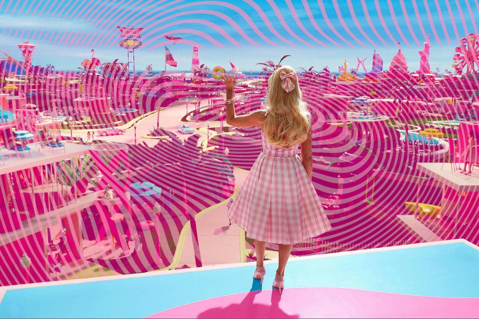 Barbie looking at Barbie World from the top of her dreamhouse with pink ripple textures.