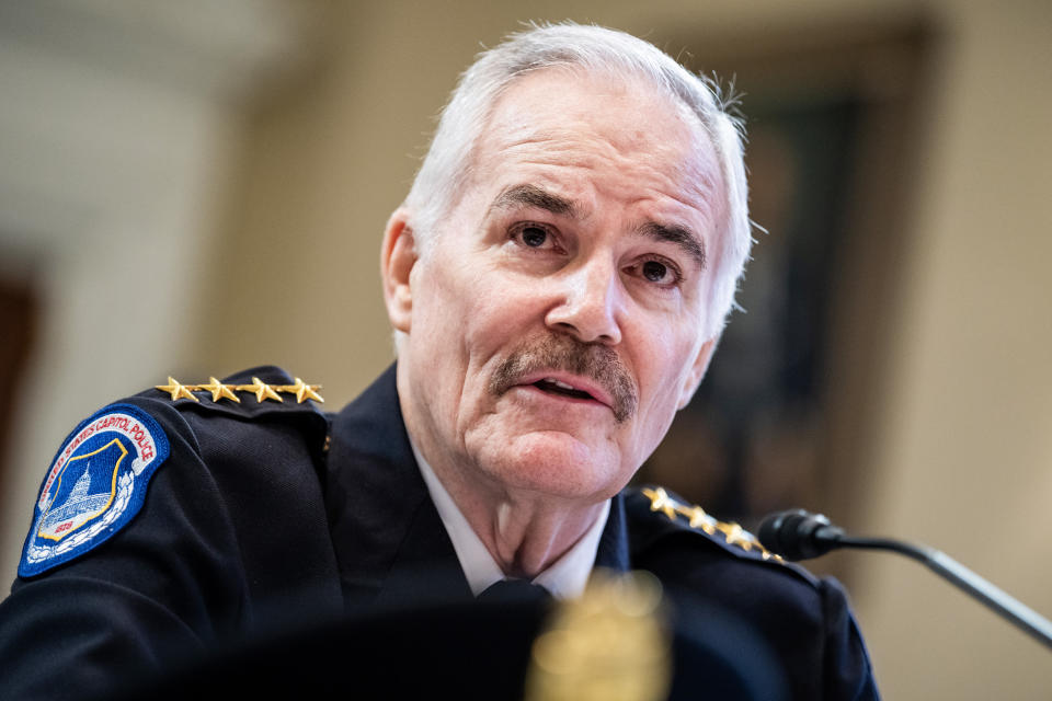 Capitol Police Chief J. Thomas Manger testifies during a House hearing on May 16, 2023. (Tom Williams / CQ-Roll Call via Getty Images)
