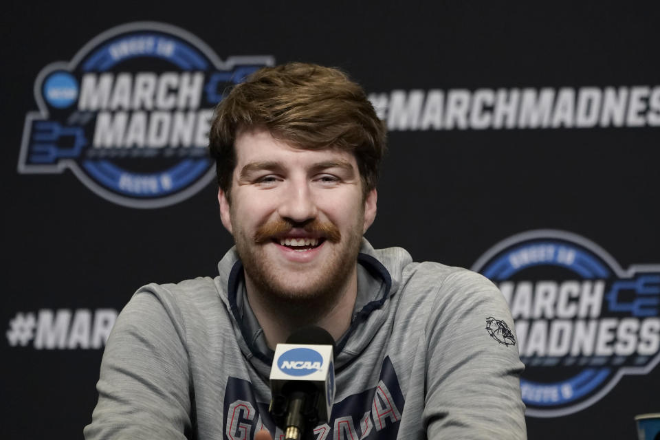 FILE - Gonzaga forward Drew Timme speaks at a news conference for the NCAA men's college basketball tournament in San Francisco, Wednesday, March 23, 2022. Timme was a unanimous selection to The Associated Press preseason All-America team, Monday, Oct. 24, 2022.(AP Photo/Jeff Chiu, File)