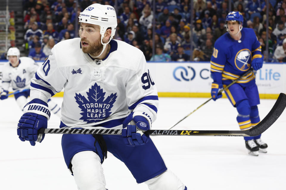 Toronto Maple Leafs center Ryan O'Reilly (90) skates during the second period of the team's NHL hockey game against the Toronto Maple Leafs, Tuesday, Feb. 21, 2023, in Buffalo, N.Y. (AP Photo/Jeffrey T. Barnes)