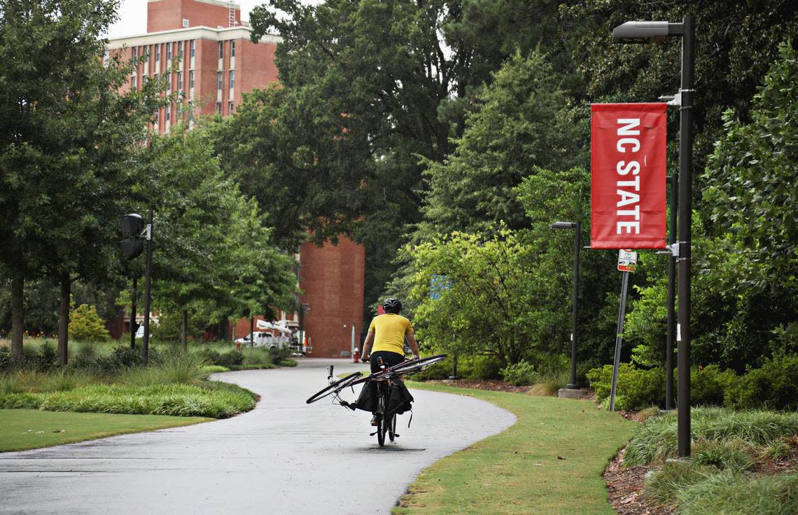 A sparse trickle of students can be seen around the N.C. State University campus on Wednesday, Sept. 9, 2020.