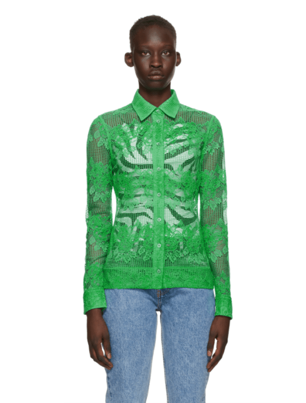 <p>Ganni Green Lace Shirt, $290, <a href="https://rstyle.me/+RBPeLnAKkbGbhrBFlcx5uA" rel="nofollow noopener" target="_blank" data-ylk="slk:available here;elm:context_link;itc:0;sec:content-canvas" class="link ">available here </a>(sizes DK 32-40). </p>