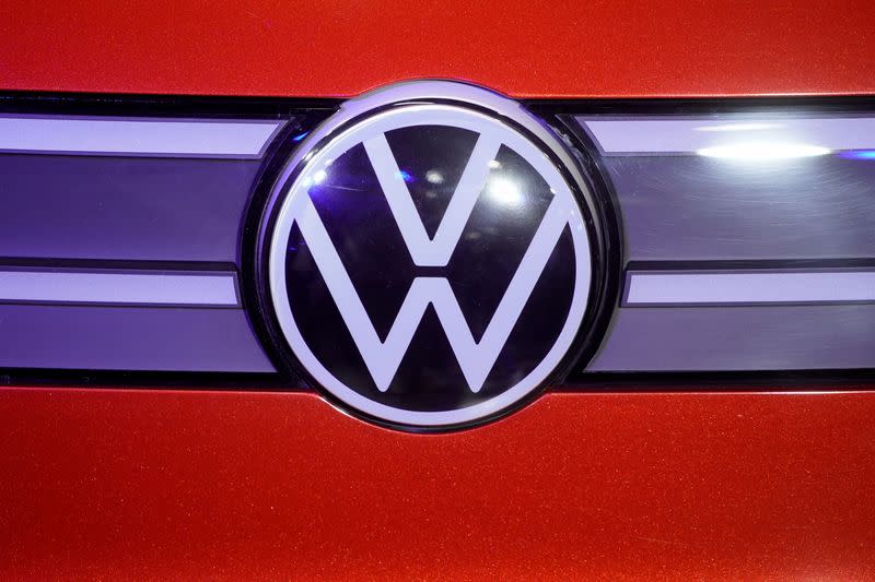FILE PHOTO: A Volkswagen logo is seen at a construction completion event of SAIC Volkswagen MEB electric vehicle plant in Shanghai