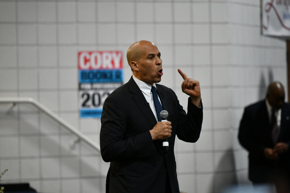 U.S. Sen. Cory Booker speaks to a crowd of several hundred during a campaign stop Friday, March 1, 2019, in Simpsonville, S.C. Booker is spending two days in the state, which holds the first 2020 Democratic primary in the South, holding town hall-style discussions as he continues to introduce himself to the largely African-American primary electorate. (AP Photo/Meg Kinnard)