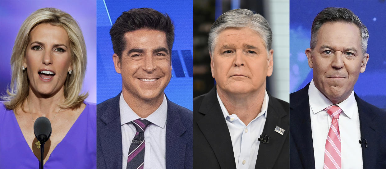 This combination of photos show Fox News commentators Laura Ingraham, from left, Jesse Watters, Sean Hannity and Greg Gutfeld. Watters will host an opinion show in the time slot formerly occupied by Tucker Carlson, Fox News Channel announced Monday. “Jesse Watters Primetime