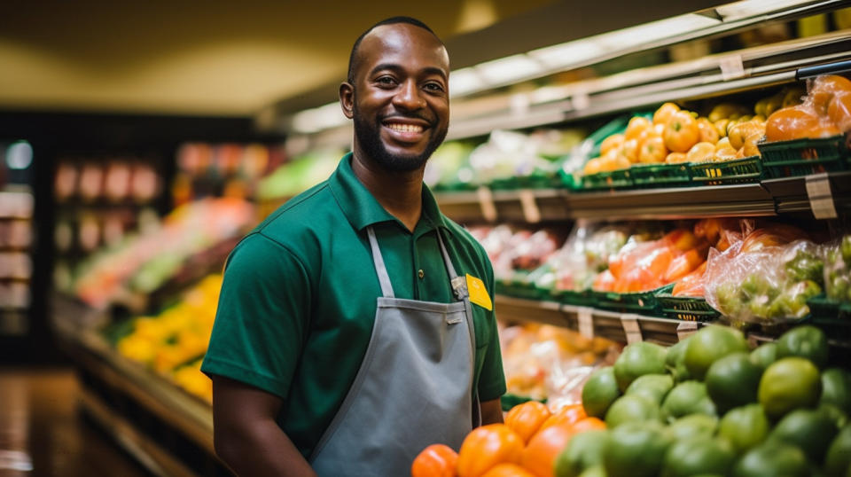 A grocery store employee stocking shelves with fresh fruits and vegetables.