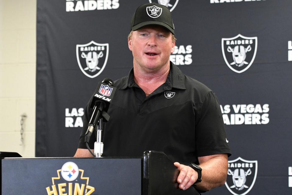 Las Vegas Raiders head coach Jon Gruden meets with the media following an NFL football game against the Pittsburgh Steelers in Pittsburgh, Sunday, Sept. 19, 2021.