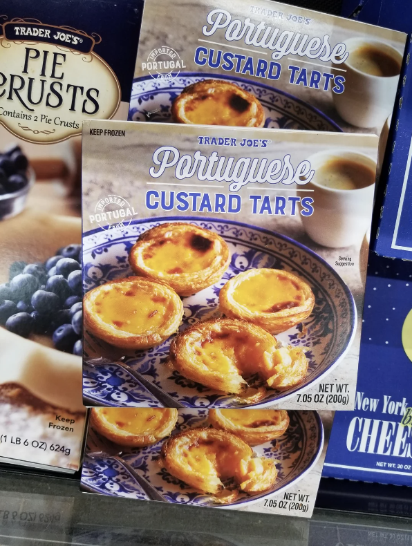 Trader Joe's Portuguese Custard Tarts packaging with product image and nutritional information