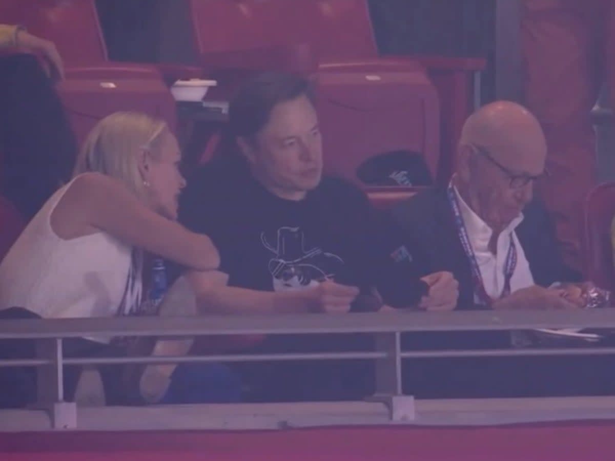 Elisabeth Murdoch, Elon Musk, and Rupert Murdoch sitting together at the 2023 Super Bowl (Fox)