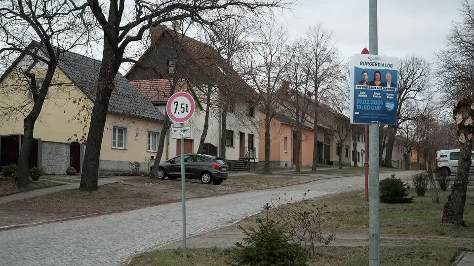 A sign in the sleepy town of Frienthal advertises the AfD meeting. - Chris Stern/CNN