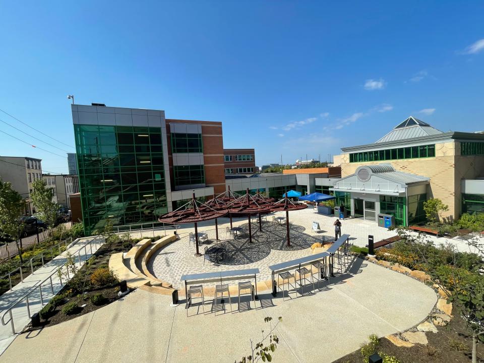 A wide view of Delaware Technical Community College Wilmington campus' new courtyard on Wednesday, Sept. 6, 2023. The event celebrates DelTech's latest renovations of it's new courtyard and community space.