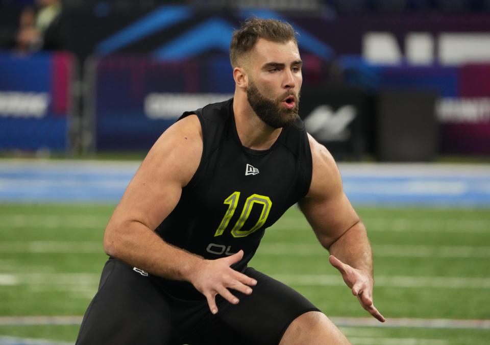 Arizona State offensive lineman Kellen Diesch goes through drills on March 4 during the NFL Scouting Combine at Lucas Oil Stadium in Indianapolis. Diesch has been signed by the Dolphins as an undrafted free agent.