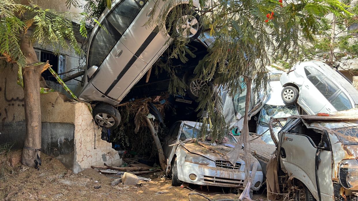 A view of cars damaged in the flood due to Storm Daniel in Derna, Libya on September 14, 2023. (Hamza Al Ahmar/Anadolu Agency via Getty Images)