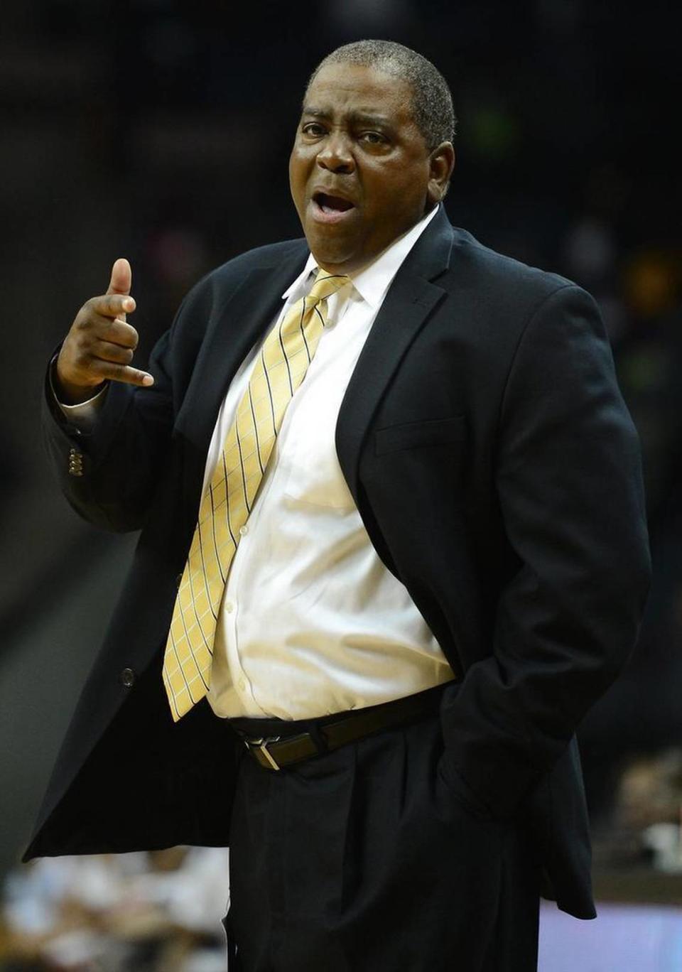 Johnson C. Smith University head coach Stephen Joyner, Sr. gives instructions to his team during second half action vs Winston-Salem State University in 2014 CIAA Basketball Tournament action at Time Warner Cable Arena in Charlotte, NC on Friday, February 28, 2014.