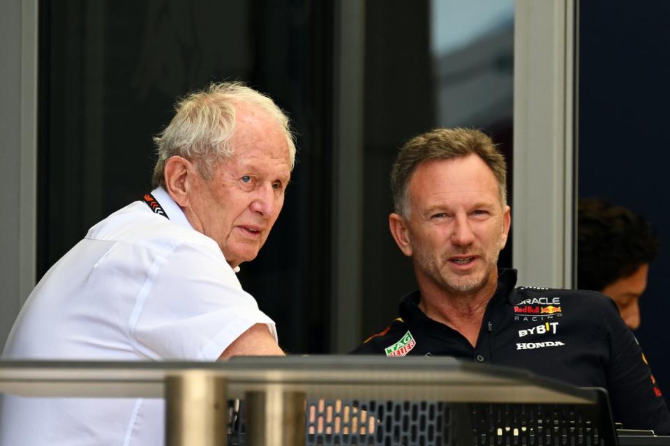 Christian Horner speaking with Helmut Marko in Bahrain last week (Getty)