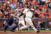 SAN FRANCISCO, CA - OCTOBER 24: Pablo Sandoval #48 of the San Francisco Giants hits a solo home run to center field against Justin Verlander #35 of the Detroit Tigers in first inning during Game One of the Major League Baseball World Series at AT&T Park on October 24, 2012 in San Francisco, California. (Photo by Christian Petersen/Getty Images)