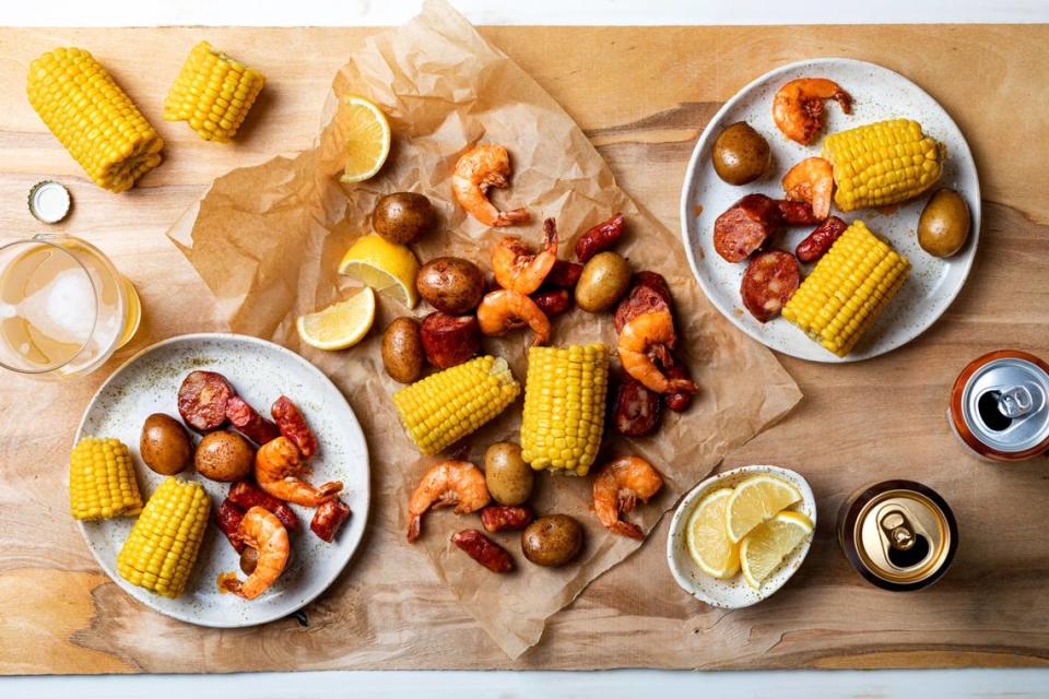 A Lowcountry boil is traditionally made with sausage, potato and corn.