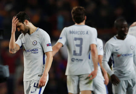 Soccer Football - Champions League Round of 16 Second Leg - FC Barcelona vs Chelsea - Camp Nou, Barcelona, Spain - March 14, 2018. Chelsea's Cesc Fabregas and team mates look dejected after the match. Action Images via Reuters/Lee Smith