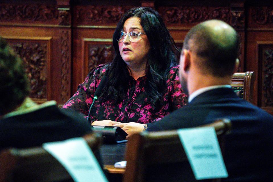 Esther Huston of the Iowa Nurses Association speaks during a public hearing for proposed Medicaid and SNAP changes on Tuesday, April 4, 2023, at the Iowa State Capitol in Des Moines, Iowa.