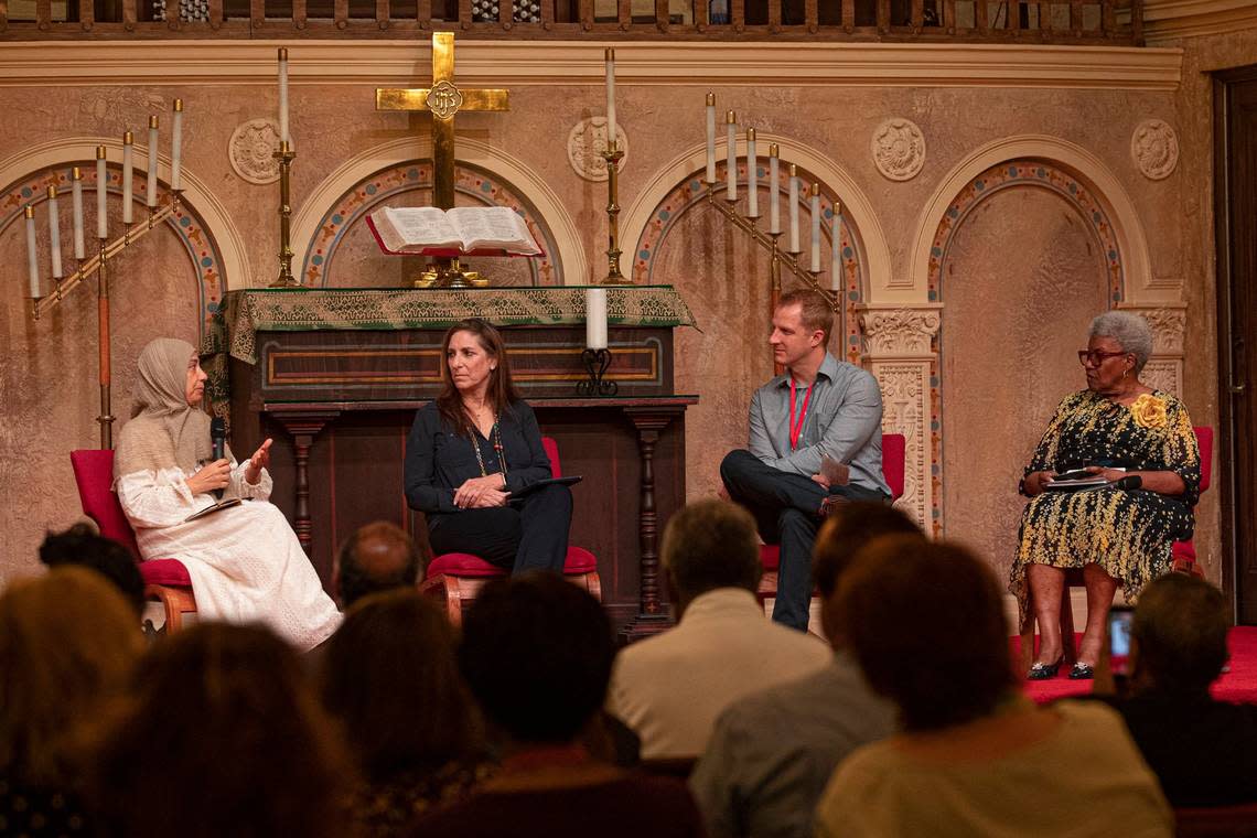 In this file photo from July 17, 2022, Raabia Khan of the Islamic Foundation of South Florida, Rabbi Robyn Fisher of Beth Or, Pastor Aaron Lauer of Coral Gables Congregational United Church of Christ and Bea Hines of Miami Herald are seen at an interfaith discussion at Congregational United Church of Christ in Coral Gables, Florida.