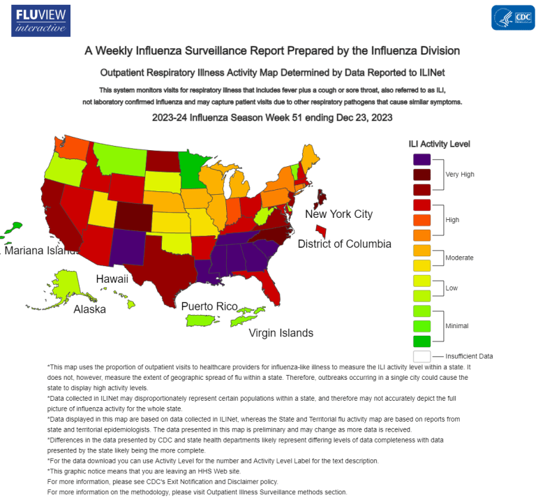 CDC map shows the level of respiratory illness by state the week prior, as of Dec. 23, 2023. (Courtesy: CDC)
