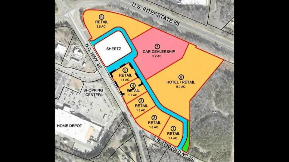 A master plan for the 25-acre Paliouras property at N.C. 86 and I-85 in Hillsborough shows an existing Sheetz, an approved auto dealership and service center, and the remaining undeveloped lots (in orange).