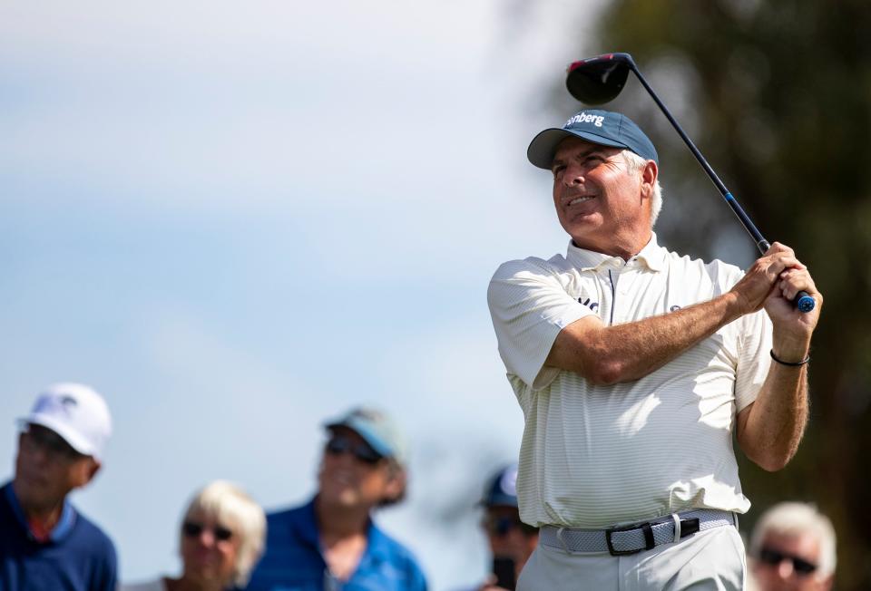 Fred Couples tees off on 18 during the final round of the Galleri Classic in Rancho Mirage, Calif., Sunday, March 26, 2023. 